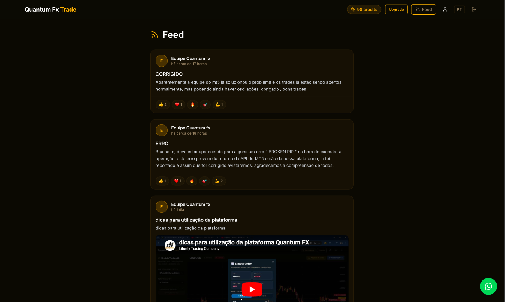 Feed da Quantum FX Trade com atualizações, avisos e tutoriais